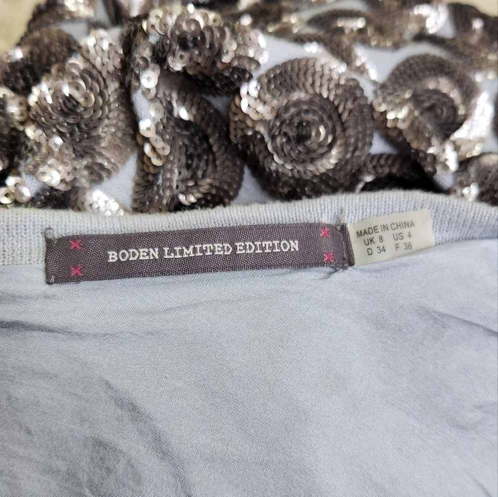 BODEN Limited Edition Beaded Cotton Cardigan Silk lined Gray Blue Silver Size 4 - Picture 2 of 11